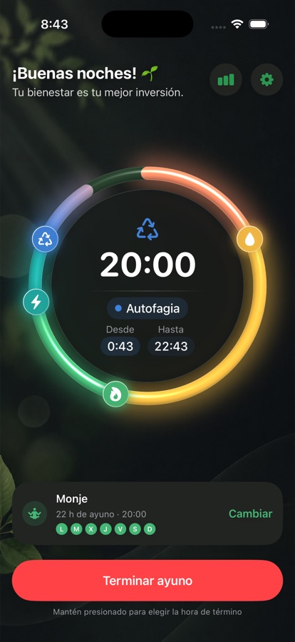 Aro de Fastitude mostrando las cinco etapas metabólicas, en modo oscuro y minimalista