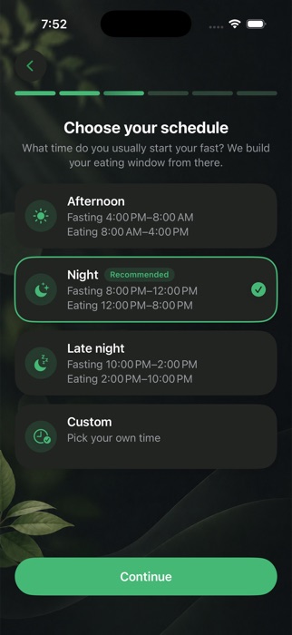 Step for choosing a schedule, with a window recommended for your profile