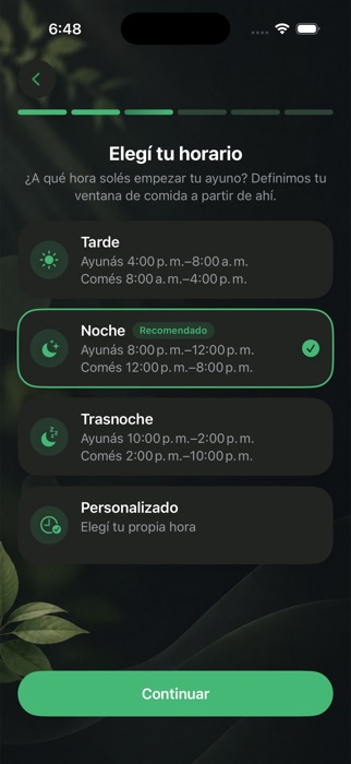 Paso para elegir un horario, con una ventana recomendada según tu perfil
