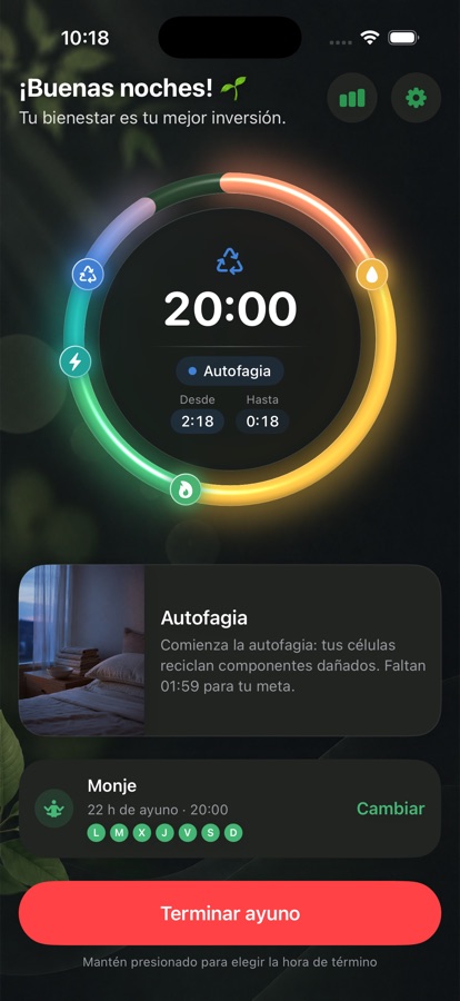 Aro de ayuno de Fastitude en modo guiado, a mitad de camino, mostrando cada etapa alcanzada y contexto sobre la etapa actual